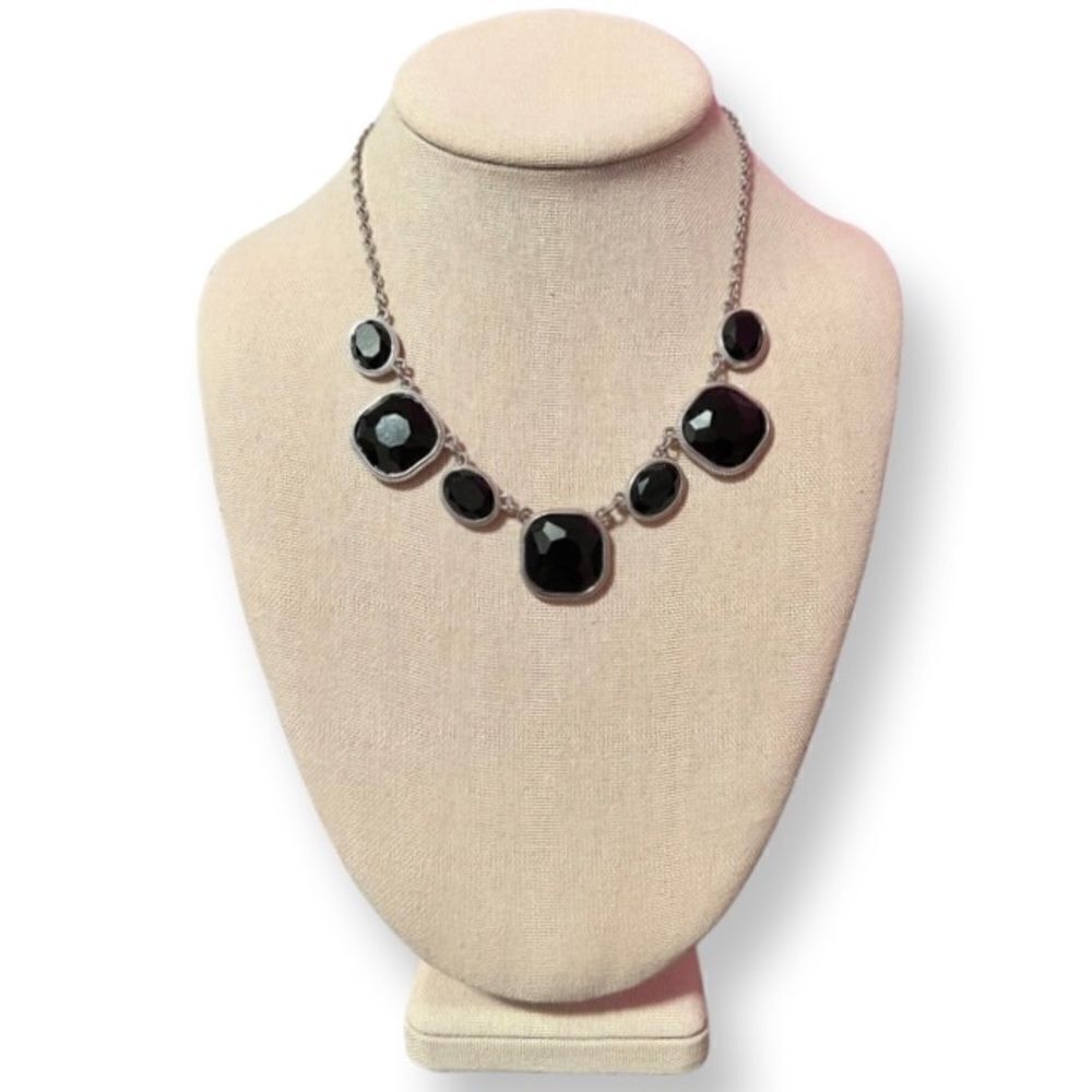 Trifari Black Faux Crystal Silver Tone Necklace
